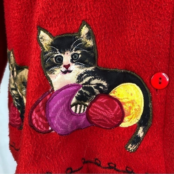 VINTAGE Take Two fleece shirt jacket button front cat applique red M - Picture 5 of 11